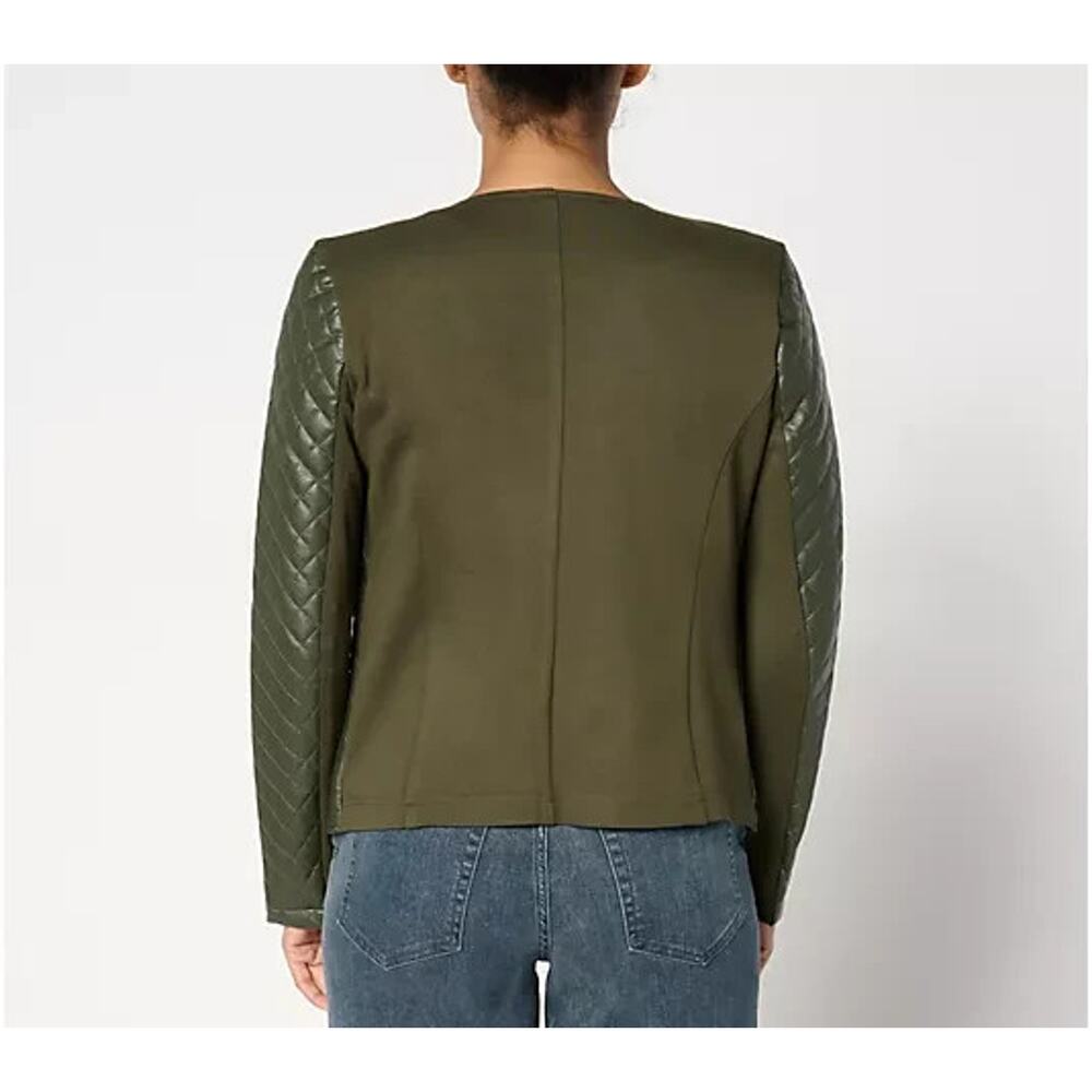 Belle by Kim Gravel Faux Leather & Ponte Zip Jacket Black Olive Small A666951 - Picture 3 of 4